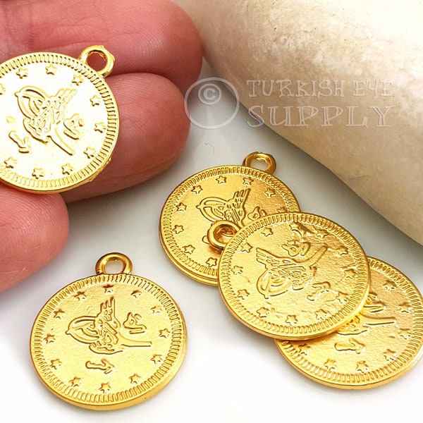 Gold Turkish Coin Charms, Gold Turkish Coin Pendants, Ottoman Coin Replica Charms, Turkish Coin Findings, 22k Gold Plated, Turkish Jewelry