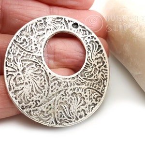 Silver Round Disc Pendant, Large Tribal Hoop Pendant, Antique Silver Plated, Ethnic Silver Pendant, Silver Jewelry Component, 2pc