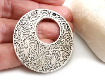 Silver Round Disc Pendant, Large Tribal Hoop Pendant, Antique Silver Plated, Ethnic Silver Pendant, Silver Jewelry Component, 2pc