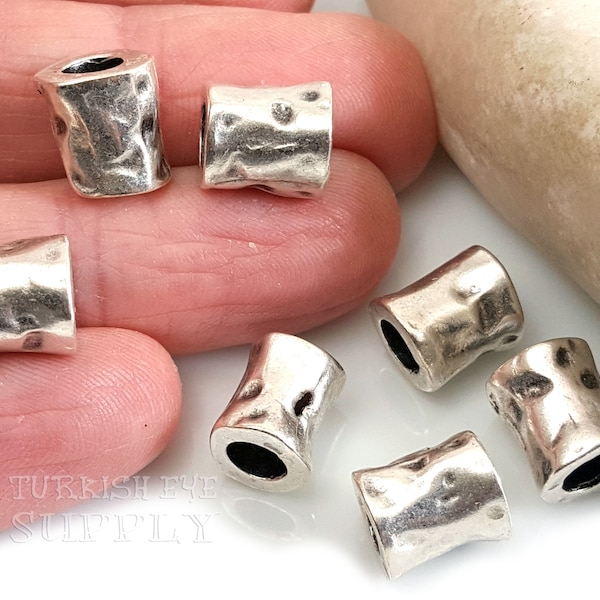 Large Silver Spacer Beads, Hammered Tube Spacer, Large Tube Bead, Leather Cord Bracelet Spacer, Silver Plated, Large Hole Spacer, 4pc