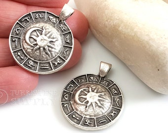 Antique Silver Plated Horoscope Pendant, Zodiac Charm