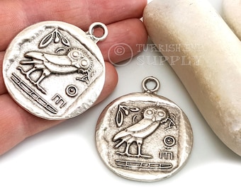 Silver Owl Pendant, Large Greek Coin Pendant, Silver Athena Coin Pendant, Owl Medallion Charm, Greek Coin Charm, 1 pc