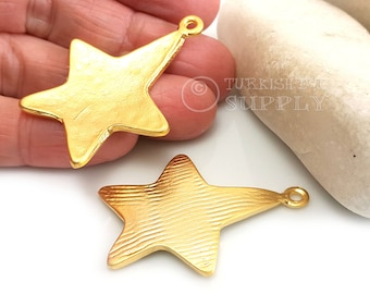 Gold Hammered Star Pendant, Gold Star Charm, Large Gold Star, Rustic Gold Star Findings, Gold Jewelry, 1pc