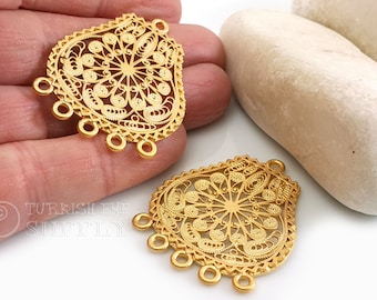 Chandelier Earring Pendants, Filigree Earring Components, 22k Gold Plated Pendants, Oriental Earring Findings, Multi Strand Connectors,1pc