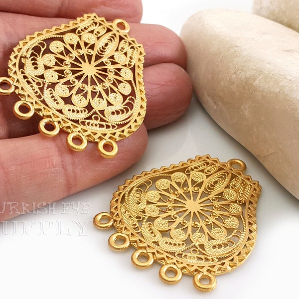 Chandelier Earring Pendants, Filigree Earring Components, 22k Gold Plated Pendants, Oriental Earring Findings, Multi Strand Connectors,1pc