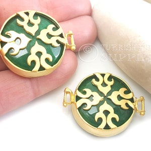 Emerald Green Gemstone Connector, Gemstone Bracelet Findings, Focal Gemstone Pendant, Gold Bezel Connector, Round Jade Connector