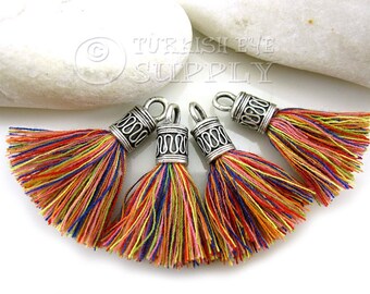 Multicolor Tassel, Mini Cotton Tassel, Antique Silver Plated Cap, Tassel Earrings, Tassel Bracelet, Tassel Findings, Tassel Necklace, 4pc