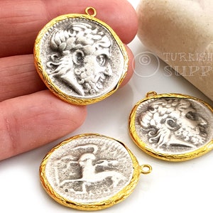 Silver Greek Coin Charm, Ancient Greek Coin, Gold Plated Bezel, Silver Coin Pendant, Zeus, Medallion Pendant, Gold Coin Necklace, 1pc