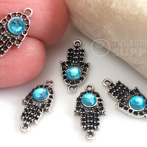 Silver Hamsa Charm, Aqua Blue Zircon Crystal Charms, December Birthstone, Hamsa Connector Charms, Silver Plated Jewelry, Hamsa Bracelet, 5pc