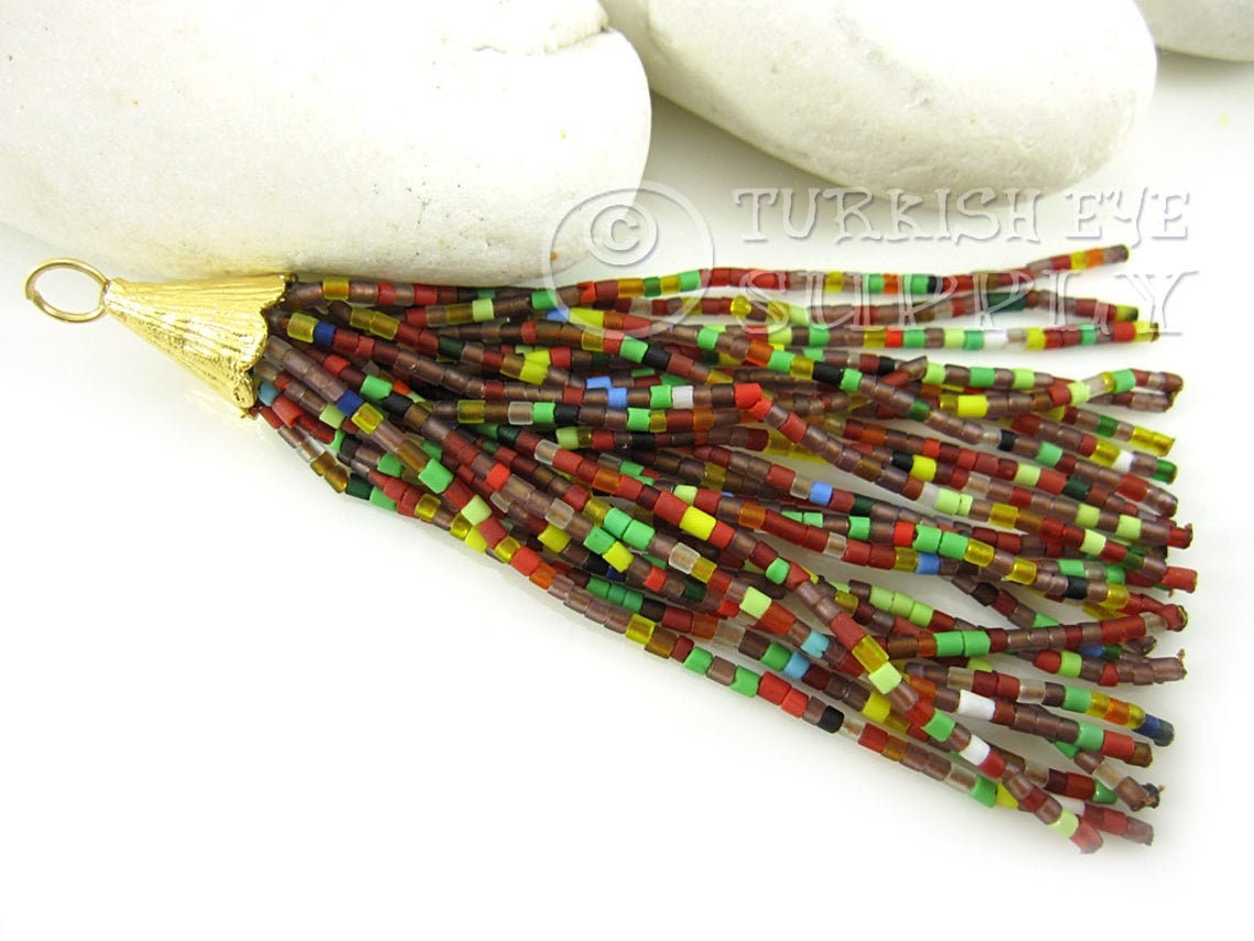 Multicolor Afghan Seed Beaded Tassel Tassel Charm Heishi Beaded Earring Tassels Gold Tassel Pendant Multicolor Beaded Tassel