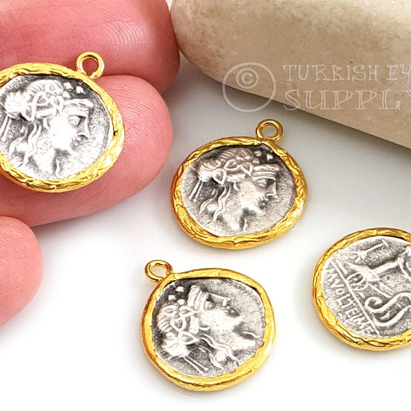 Ancient Greek Coin, Greek Goddess Artemis Coin Charm, Silver Medallion Pendant, 1 Pc