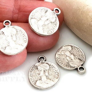 Rustic Coin Pendant, Ancient Greek Coin Pendant, Large Silver Coin, Medallion Pendant, Silver Medallion, Medallion Necklace Pendant, 4 Pc