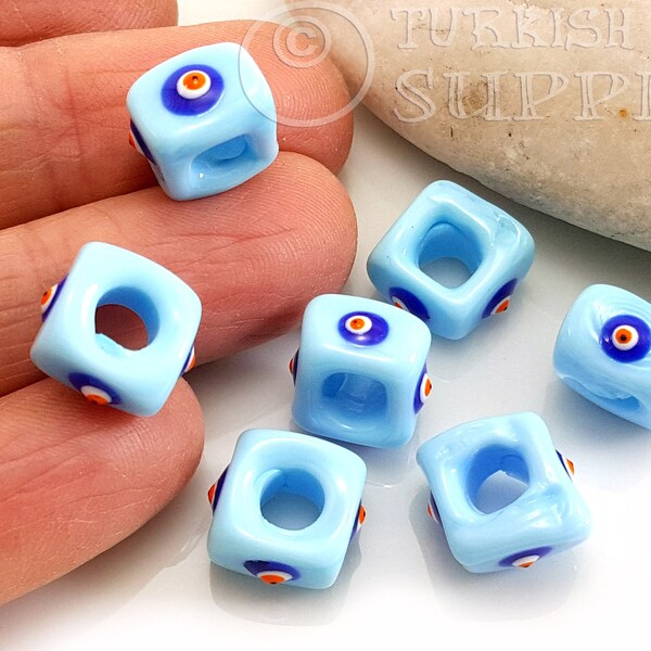 Sky Blue Square Evil Eye Beads, Glass Evil Eye Spacer Bead, Artisan Handmade Turkish Evil Eye Nazar Bead, Protective Amulet, 3Pc DG