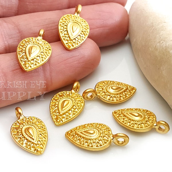 Mini Gold Teardrop Charms, Tribal Teardrop Charms, 22k Gold Plated Charms, Turkish Jewelry, Tribal Earring Jewelry Findings, 4 pc