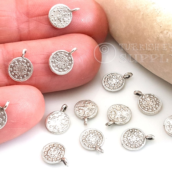 Mini Silver Coin Charms, Antique Silver Plated, Mini Coin Charms, Ottoman Replica Charms, Silver Beads Charms, Turkish Jewelry, 20 pc