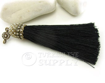 Large Black Silk Tassel, Tassel Necklace, Antique Bronze Ornate Tassel Cap, Turkish Jewelry, Bohemian Jewelry, Tassel Necklace, GS, 1Pc