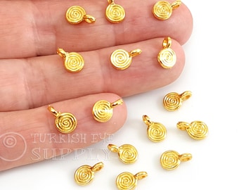 24k Shiny Gold Plated Swirl Charms, Gold Coin Charms, Mini Tribal Disc Charms, Bohemian Jewelry, Round Drop Charms, 10 pc