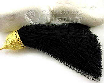 Large Thick Black Tassel,  22k Gold Plated Cap, Turkish Hand Made Silk Thread Tassel Findings, Tassel Necklace Jewelry Supplies