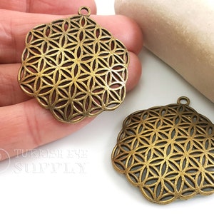 Bronze Flower of Life Pendant, Hexagon Pendant, Yoga Jewelry, Bronze Plated Pendant, Bronze Jewelry Findings, Ethnic Jewelry, 2 pc