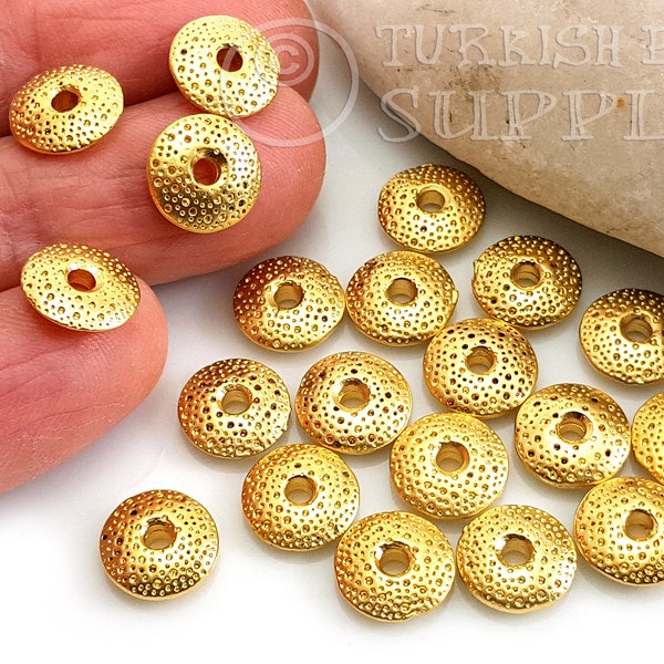 Gold Spacer Beads, Gold Saucer Beads, Mini Round Saucer Beads, 22k Gold Plated Spacer Beads, Textured Spacer Bead, Gold Spacers, 20Pc
