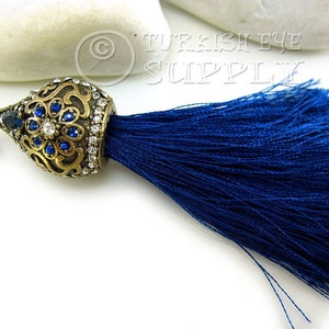 Blue Silk Tassel, Antique Bronze Cap, Tassel Charm, Ornate Tassel Cap, Handbag Accessories, Tassel Jewelry, Tassel Necklace, GS, 1Pc