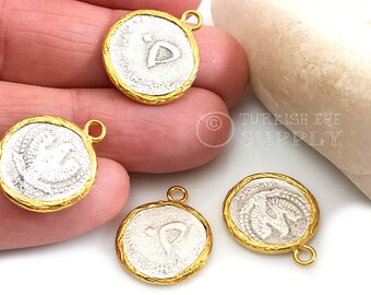 Gold Plated Arabic Coin Pendant, Antique Silver Medallion Charm (17x20mm)