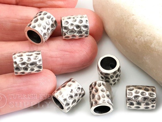 Large Tribal Beads, Silver Spacer Bead, Tube Bead, Leather Cord