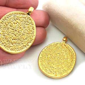Gold Phaistos Pendant, Greek Phaistos Disc, 22K Gold Plated, Greek Coin Charm, Ancient Minoan Cretan Jewelry, Large Medallion Pendant, 1 pc