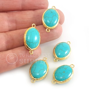Turquoise Oval Connector Charm, 22k Gold Plated Hammered Bezel Turquoise Pendant, Turquoise Jewelry Findings, 1Pc
