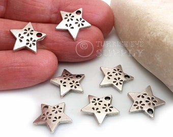 Mini Silver Star Charms, Tiny Star Pendant, Silver Star Jewelry Findings, 10Pc