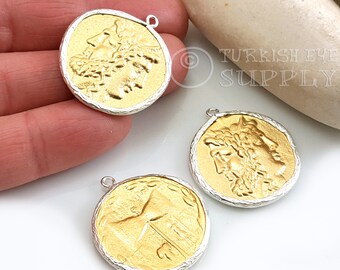 Colgante de moneda griega de oro, colgante de moneda de Zeus y Hera de la antigua Grecia, colgante de moneda con medallón de plata, 1 pieza