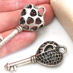 Silver Key Pendant, Large Key Charm, Silver Heart Key Pendant, Silver Key Jewelry Findings, 1Pc