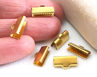 Ribbon Crimp Ends With Loop, Brass Ribbon End Claps, Raw Brass Crimp Connectors, 20 Pc