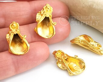 Tapas de cuentas doradas, tapas de cuentas con diseño de hojas y flores, tapas cónicas doradas grandes, accesorios de joyería turca (2 piezas)