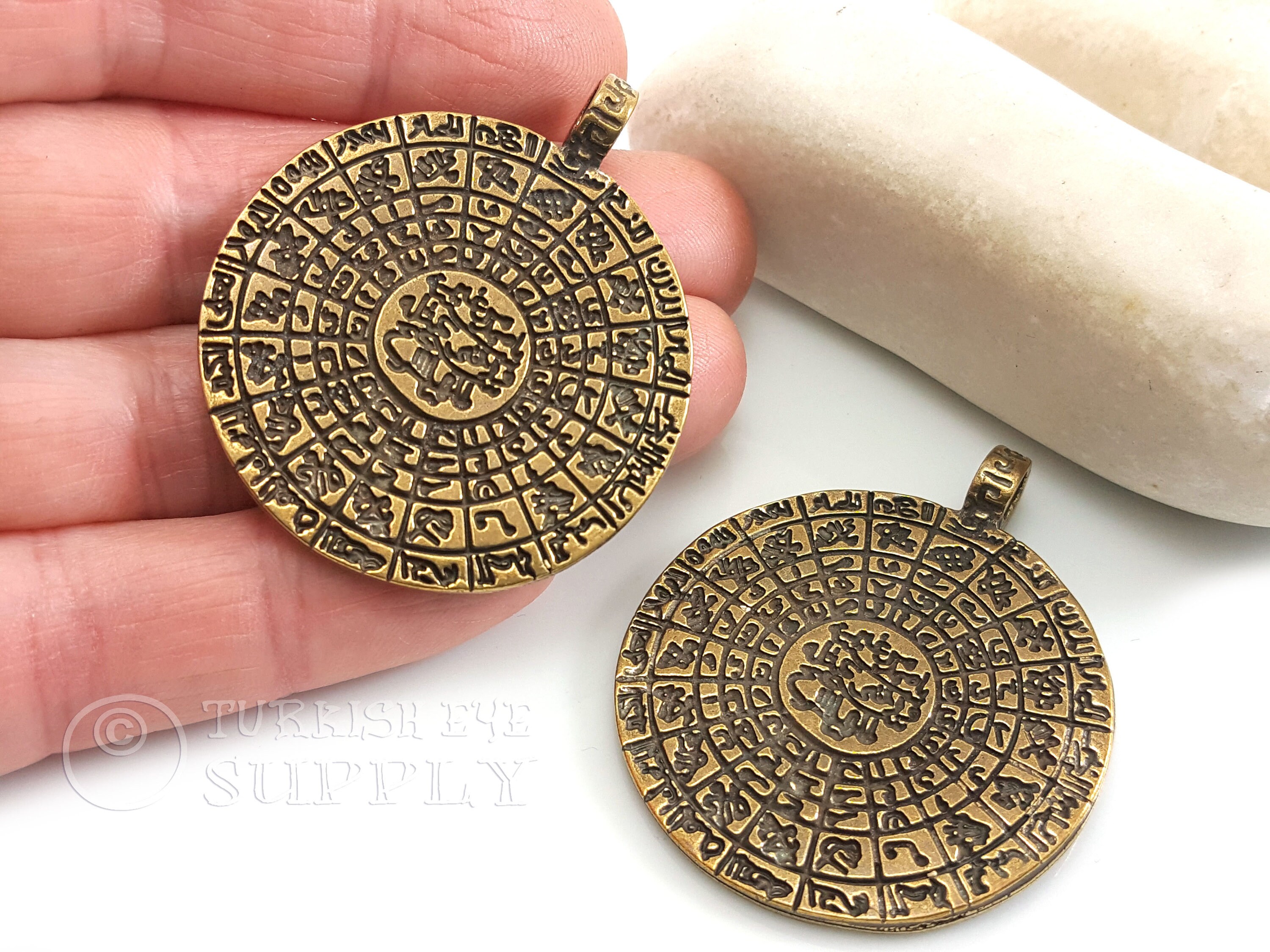 Bronze Phaistos Disc, Greek Phaistos Disc, Bronze Plated, Ancient Minoan Cretan Necklace, Large Medallion Disc Pendant, 1pc
