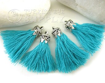Teal Cotton Tassel, Mini Cotton Tassel, Silver Plated Cap, Tassel Earrings, Tassel Bracelet, Tassel Findings, Tassel Necklace, 4pc