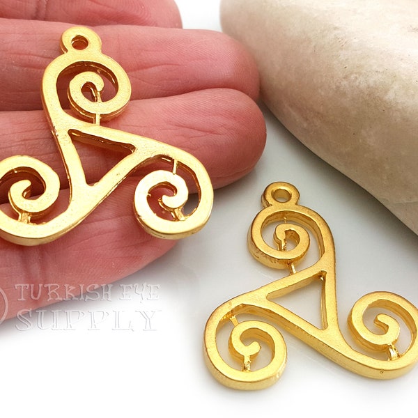 Gold Triskelion Charms, Spiral Triangle Pendant, Tribal Swirl Charm, Triple Swirl Charm, Turkish Jewelry Supplies, Ethnic Jewelry, 1Pc