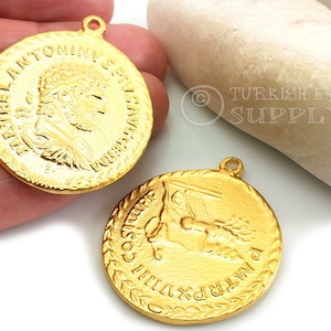 Gold Greek Coin Pendant, Large Greek Coin, Gold Medallion Pendant, Roman Coin Pendant, Medallion Coin Jewelry, Gold Coin Jewelry