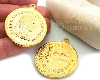 Gold Greek Coin Pendant, Large Greek Coin, Gold Medallion Pendant, Roman Coin Pendant, Medallion Coin Jewelry, Gold Coin Jewelry