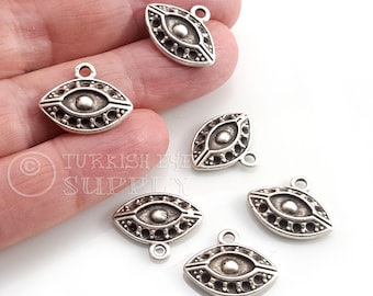 Silver Plated Protective Eye Amulet Pendants, Turkish Jewelry Charms, 2pc