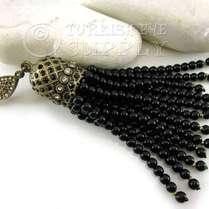 Black Gemstone Tassel, Jade Beaded Tassel, Antique Bronze Cap, Tassel Necklace Pendant, Gemstone Jewelry, Ottoman Jewelry