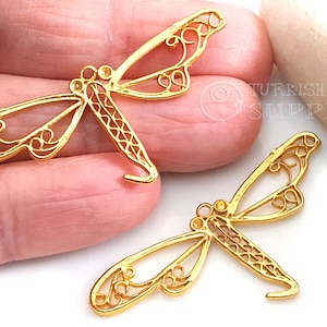 Gold Dragonfly Charms, Filigree Dragonfly Charms, Dragonfly Jewelry Findings,  2Pc