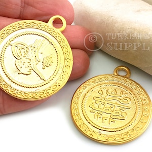 Large Turkish Gold Coin Pendant, Turkish Coin Charm, Sultan Signature Ottoman Replica Coin Pendant, 22k Gold Plated, Turkish Jewelry, 1 pc