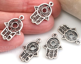 Filigree Hamsa Charms, Silver Hamsa Pendant, Antique Silver Plated, Hamsa Necklace Pendant, Silver Hamsa Charm, Hamsa Jewelry, 5pc