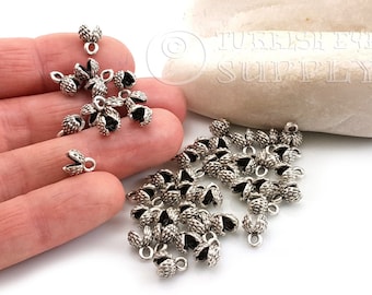 Mini Bead Caps, Textured End Clamps, Antique Silver Plated, Cord Tips, Ribbon Ends, Silver Cord End Clamps, Fastener Clasps Findings, 25Pc