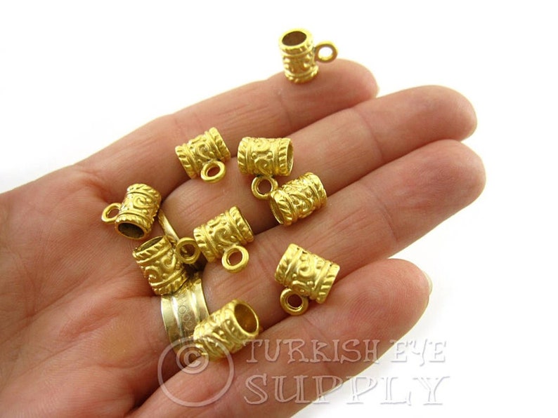 Tribal Gold Pendant Bails, Gold Cord Bails, Bohemian Jewelry Bail, Mini Charm Holder, Tube Bead Bail, 4pc image 2