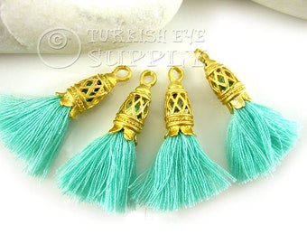 Mint Tassel, Mini Cotton Tassel, Gold Cap Tassel Jewelry, Tassel Charm, Tassel Earring, Tassel Findings, Tassel Necklace, 4 pc
