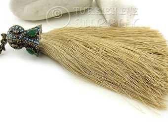 Large Light Camel Brown Silk Tassel: Antique Bronze Rhinestone Cap, Turkish Jewelry
