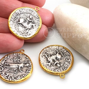 Ancient Greek Coin, Greek Medallion Pendant, Gold Plated Bezel, Rustic Coin, Silver Coin Pendant, Silver Medallion, Medallion Necklace, 1 Pc