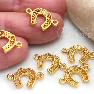 Dainty Gold Horseshoe Connector Charm, Filigree Horseshoe Charms, Gold Bracelet Charms, Gold Horseshoe Findings, 10Pc